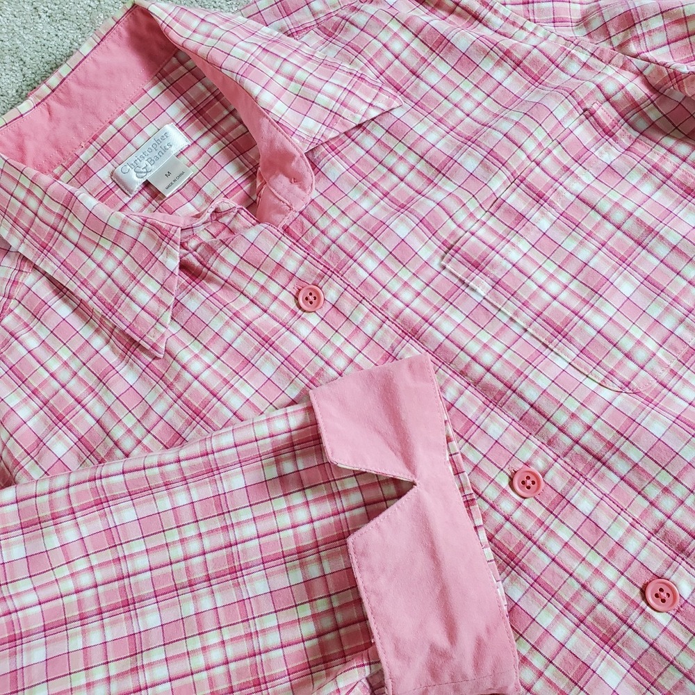 Christopher & Banks Women's Shirt Size Medium Pink Plaid Button Up 3/4 Sleeve